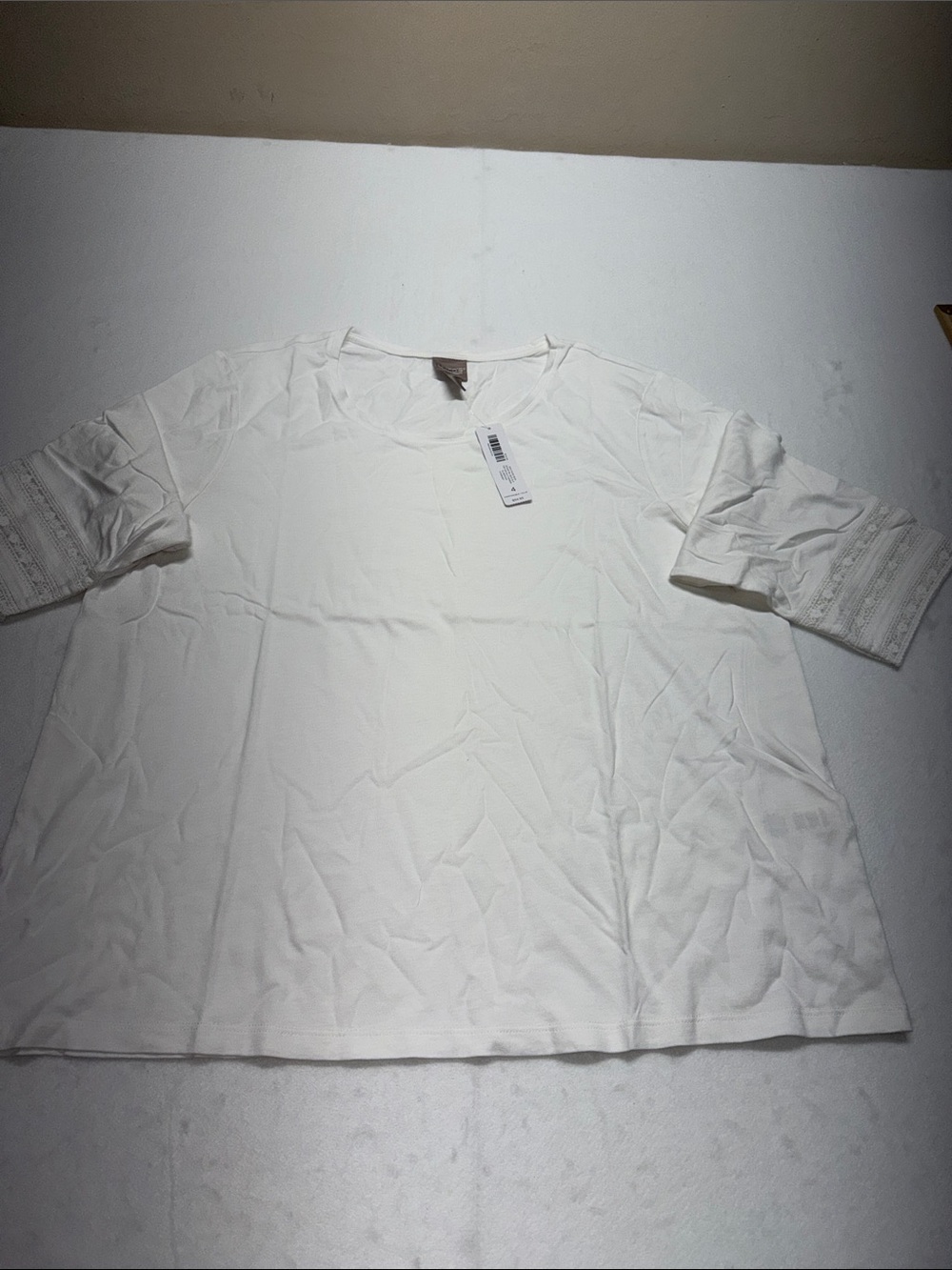 CHICO’S Soutache mesh 3qtr White Short-Sleeve Lace Detail Top 4 NWT